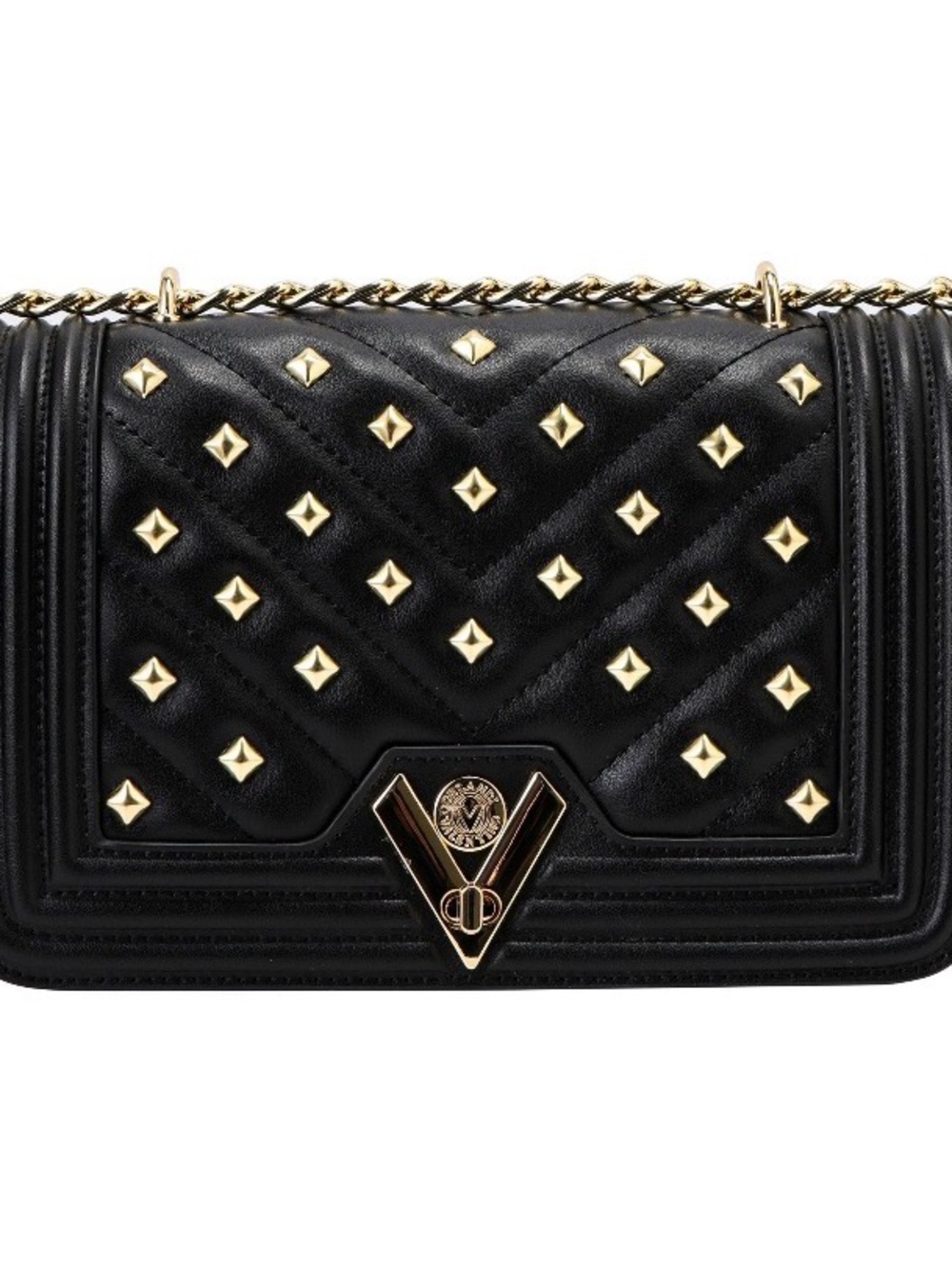Valentino Orlandi Black Quilted Studded Chain Crossbody Bag with Gold Hardware